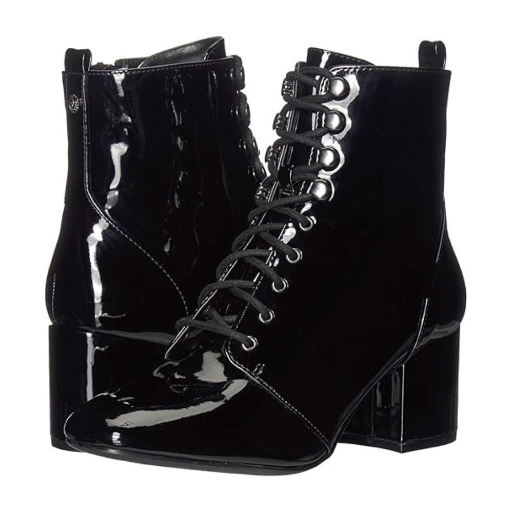 ANNE KLEIN • Women’s Shiny Black Leather Lace Up Booties Boots Shoes